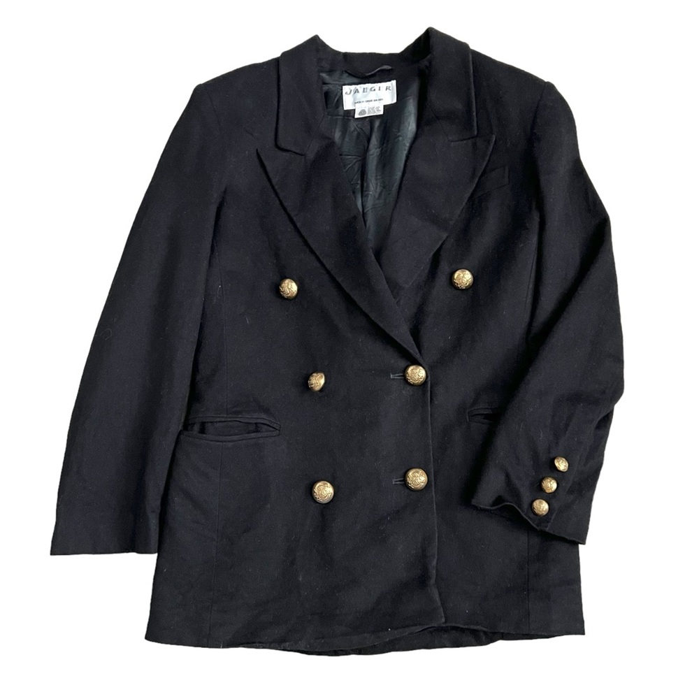 Vintage 1980s Jaeger Women’s Double Breasted Black Wool Blazer Gold Buttons